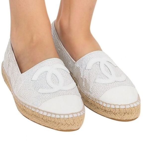 CHANEL Shoes - CHANEL White Woven Interlocking CC Logo Sequin Flat Espadrilles Size EU37
